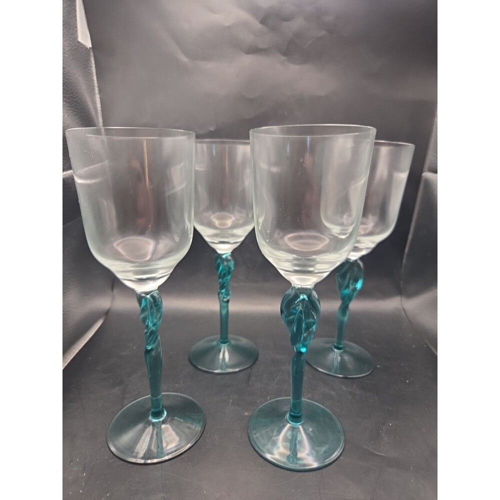 Green Stem Wine Glass Set of 4 Twist Stem Blown Glass
